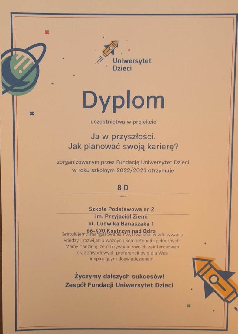 Dyplom uczestnictwa w projekcie